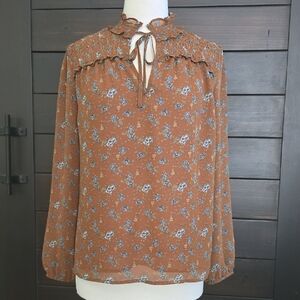 Pleione Brown Floral Blouse with Ruffle Neckline